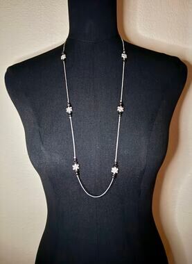 Long Silver Flower Station Toggle Necklace Rhinestone Floral Black NEW